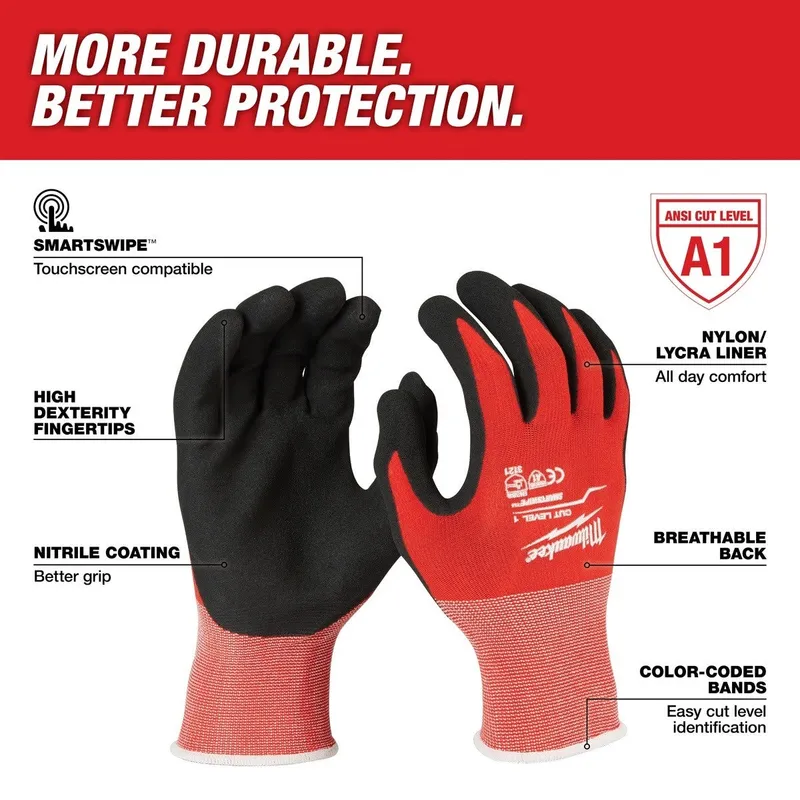 Milwaukee Cut Level 1 Nitrile Dipped Work Gloves, 2XL