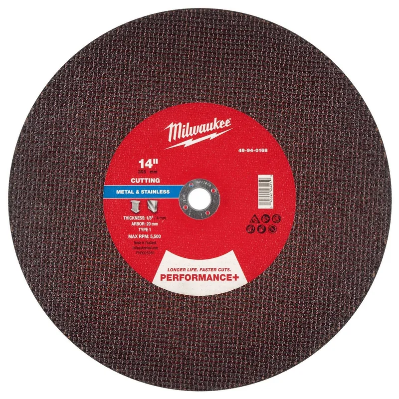 Milwaukee 14 in x 1/8 in x 20mm Performance+ Metal Cut Off Wheel Type 1 (10 Pack)