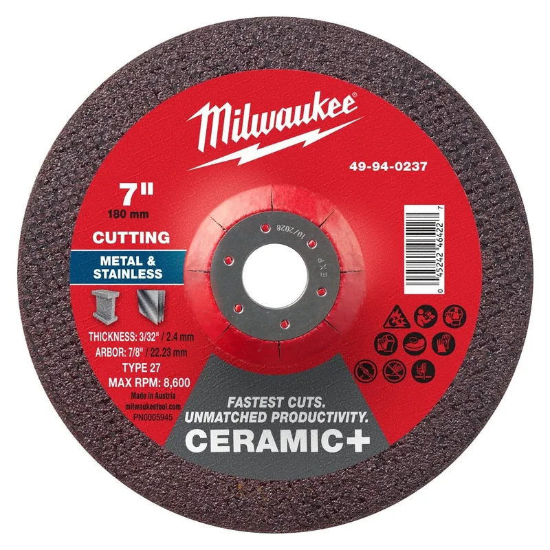 Milwaukee 7 in. x 3/32 in. x 7/8 in. Ceramic Plus Metal Cut-Off Wheel Type 27 (25 Pack)