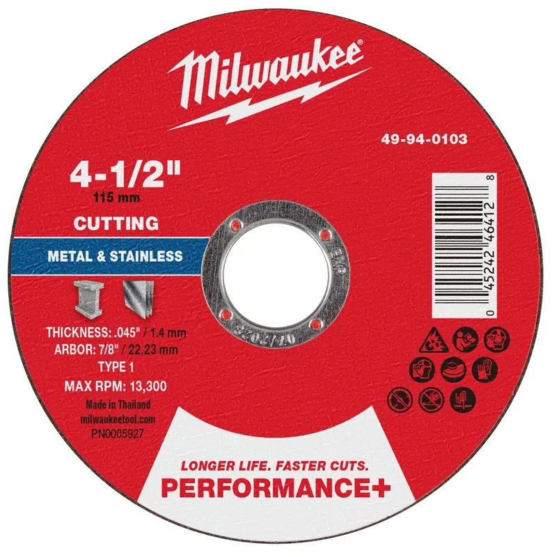 Milwaukee 4-1/2 in. x 0.045 in. x 7/8 in. Performance+ Metal Cut Off Wheel Type 1 (25 Pack)