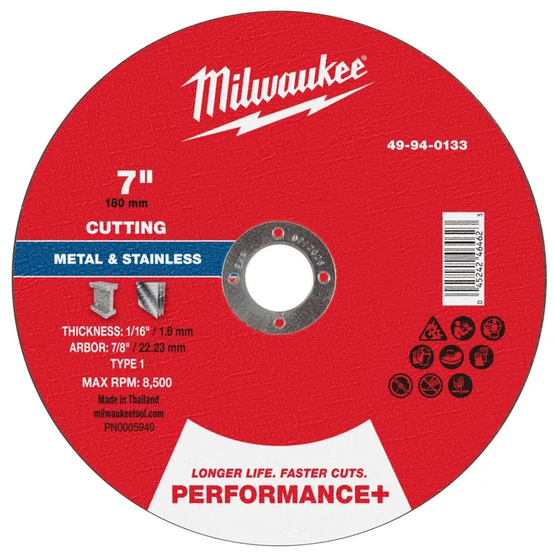 Milwaukee 7 in. x 1/16 in. x 7/8 in. Performance Plus Metal Cut Off Wheel Type 1 for Metal and Stainless Steel (25 Pack)