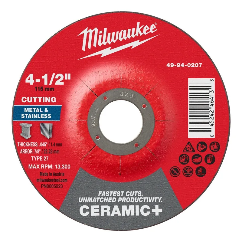 Milwaukee 4-1/2 in. x 0.045 in. x 7/8 in. Ceramic+ Metal Cut-Off Wheel Type 27 for Angle Grinders (25 Pack)