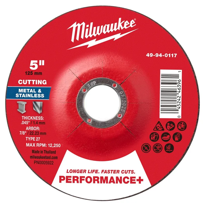 Milwaukee 5 in. x 0.045 in. x 7/8 in. Performance+ Metal Cut-Off Wheel Type 27 (25 Pack)