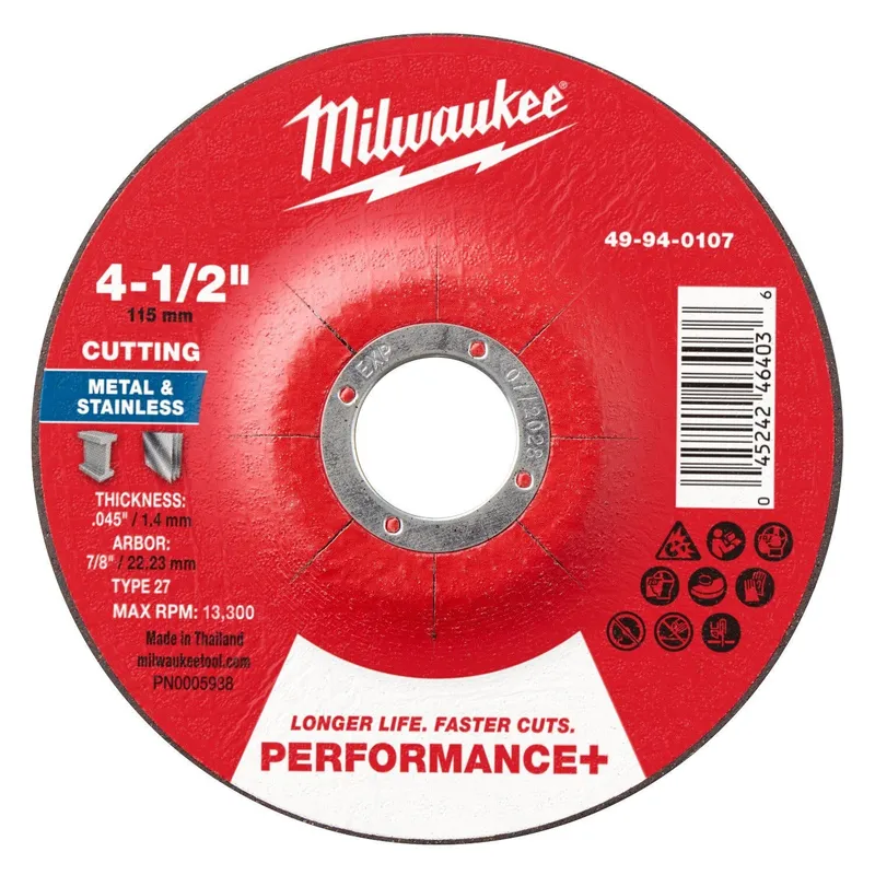 Milwaukee 4-1/2 in. x 0.045 in. x 7/8 in. Performance+ Metal Cut Off Wheel Type 27 (25 Pack)