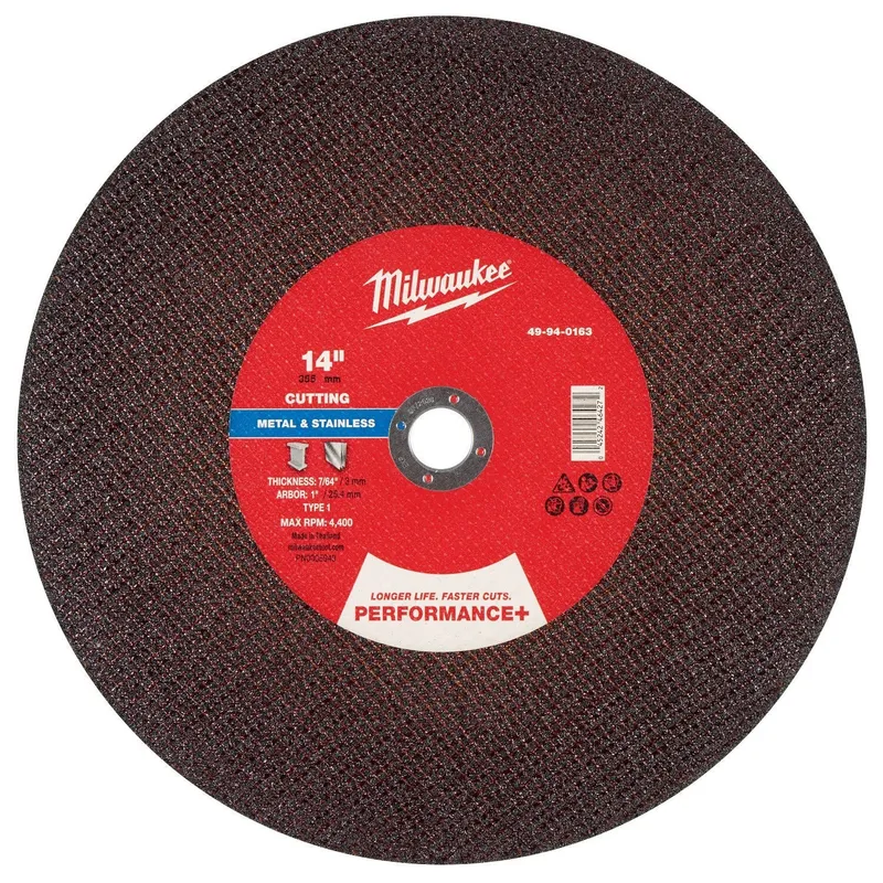 Milwaukee 14 in. x 7/64 in. x 1 in. Performance+ Metal Cut Off Wheel Type 1 (10 Pack)