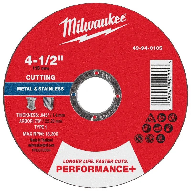 Milwaukee 4-1/2 in. x 0.045 in. x 7/8 in. Performance Plus Metal Cut Off Wheel Type 1 (100 Pack)