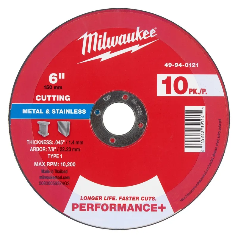 Milwaukee 6 in. x 0.045 in. x 7/8 in. Performance+ Metal Cut Off Wheel Type 1 (10 Pack)