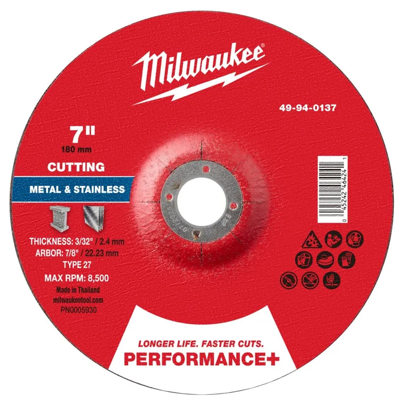 Milwaukee 7 in. x 3/32 in. x 7/8 in. Performance Plus Metal Cut Off Wheel Type 27 (25 Pack)