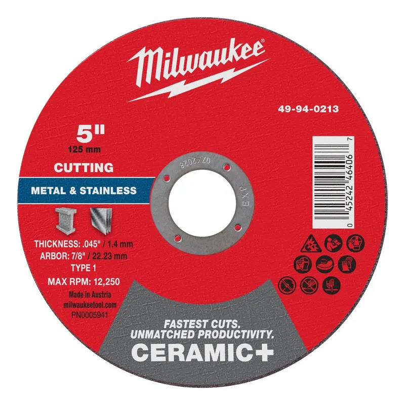 Milwaukee 5in x 0.045in x 7/8in Ceramic+ Metal Cut Off Wheel Type 1 for Metal and Stainless Steel (25 Pack)
