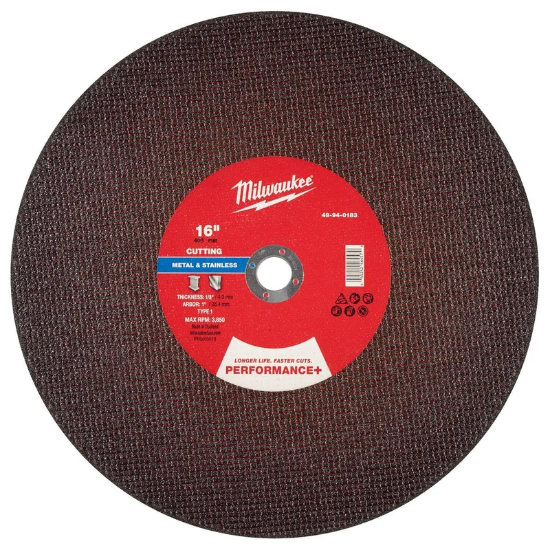 Milwaukee 16 in. x 1/8 in. x 1 in. Performance+ Type 1 Metal Cut Off Wheel for Handheld Cut Off Saws (10 Pack)