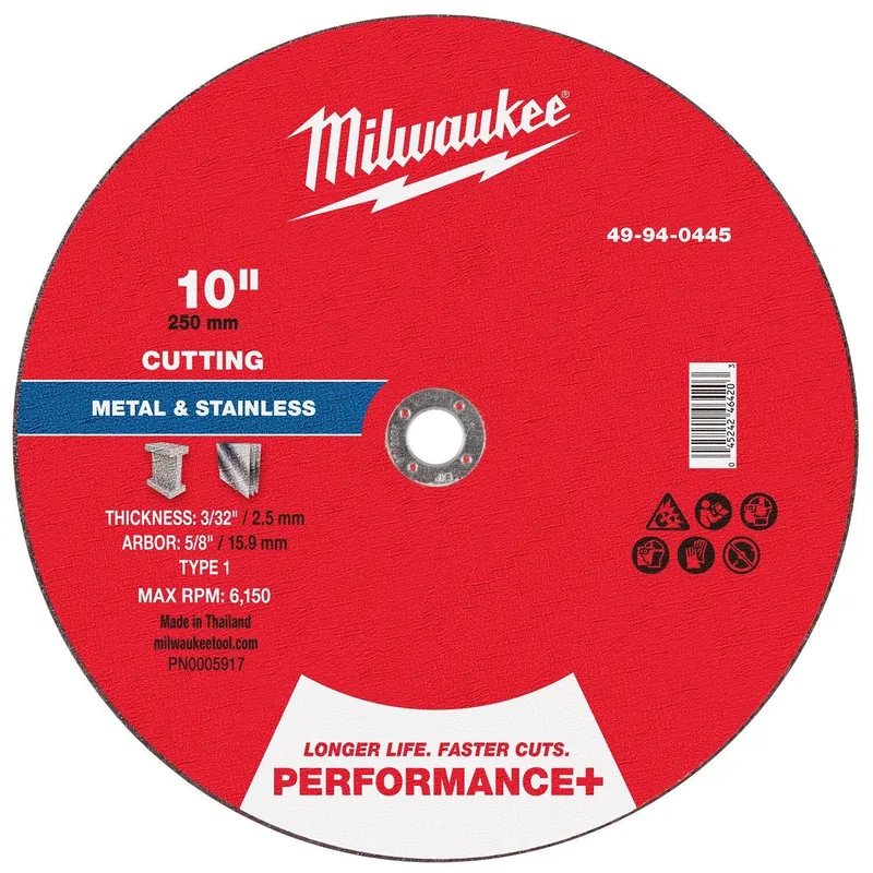 Milwaukee 10 in. x 3/32 in. x 5/8 in. Performance+ Metal Cut Off Wheel Type 1 (10 Pack)
