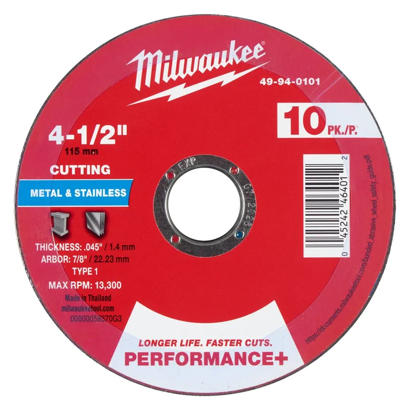 Milwaukee 4-1/2 in. x 0.045 in. x 7/8 in. Performance Plus Metal Cut Off Wheel Type 1 (10 Pack)