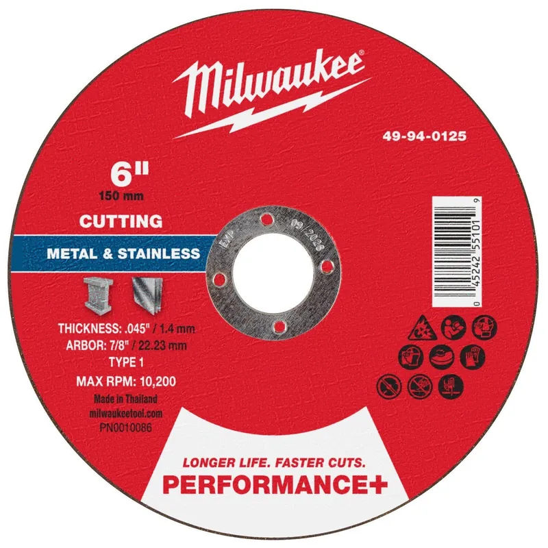 Milwaukee 6 in. x 0.045 in. x 7/8 in. Performance Plus Metal Cut Off Wheel Type 1 (100 Pack)