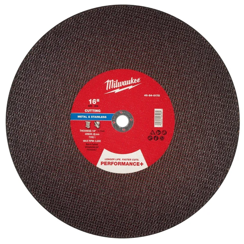 Milwaukee 16 in x 1/8 in x 20 mm Performance Plus Metal Cut Off Wheel Type 1 (10 Pack)