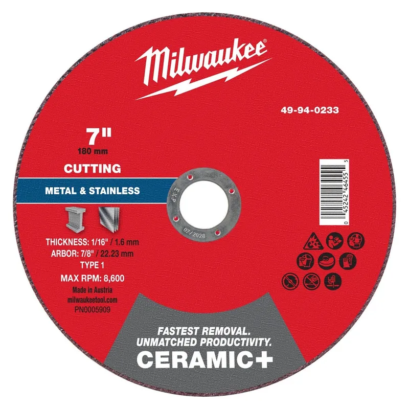 Milwaukee 7 in x 1-16 in x 7-8 in Ceramic Plus Metal Cut Off Wheel Type 1 (25 Pack)
