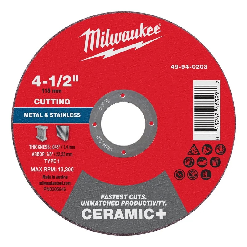 Milwaukee 4-1/2 in x 0.045 in x 7/8 in Ceramic Plus Metal Cut-Off Wheel Type 1 (25 Pack)