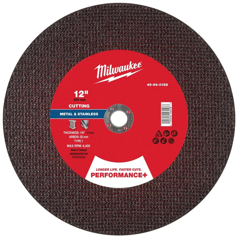 Milwaukee 12 in. x 1/8 in. x 20mm Performance Plus Metal Cut Off Wheel Type 1 (10 Pack)