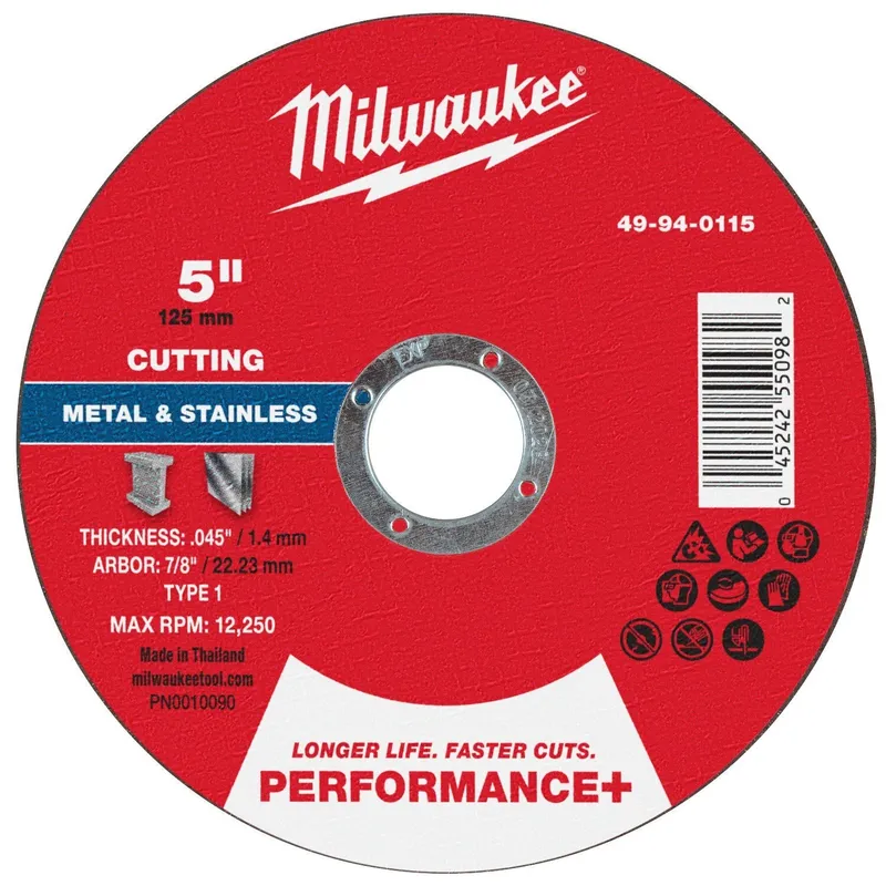 Milwaukee 5 in. x 0.045 in. x 7/8 in. Performance+ Metal Cut Off Wheel Type 1 for Angle Grinders (100 Pack)