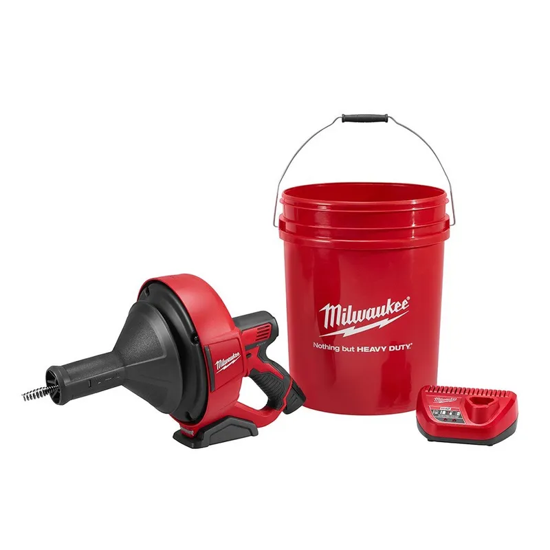Milwaukee M12 Drain Snake Kit, 5/16" x 25' Bulb Cable, Storage Bucket