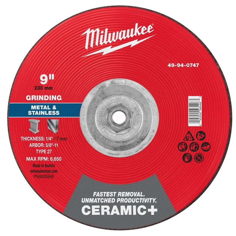 Milwaukee 9 in. Type 27 Ceramic+ Metal Grinding Wheel 5/8 in.-11 Threaded Hub (5 Pack)