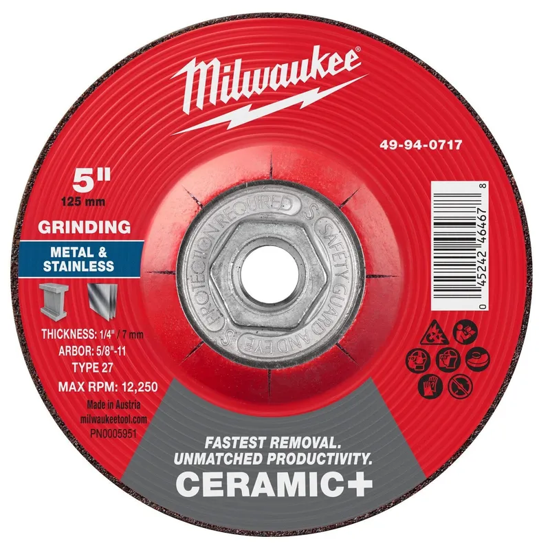 Milwaukee 5 in x 1/4 in x 5/8-11 Ceramic Plus Metal Grinding Wheel Type 27 (5 Pack)