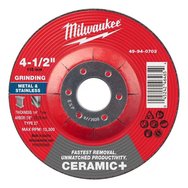 Milwaukee 4-1/2 in x 1/4 in x 7/8 in Ceramic+ Metal Grinding Wheel Type 27 (10 Pack)