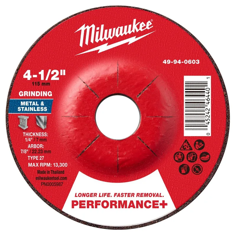 Milwaukee 4-1/2 in. x 1/4 in. x 7/8 in. Performance Plus Metal Grinding Wheel Type 27 (10 Pack)