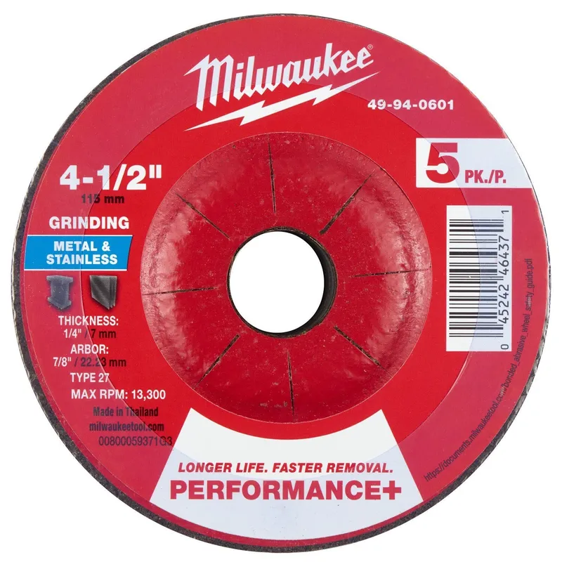 Milwaukee 4-1/2 in x 1/4 in x 7/8 in Performance Plus Metal Grinding Wheel Type 27 (5 Pack)