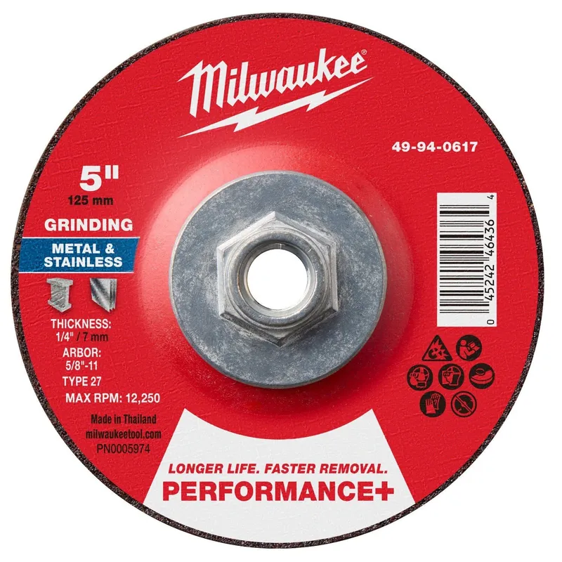 Milwaukee 5 in. x 1/4 in. x 5/8 in.-11 Performance+ Metal Grinding Wheel Type 27 (5 Pack)