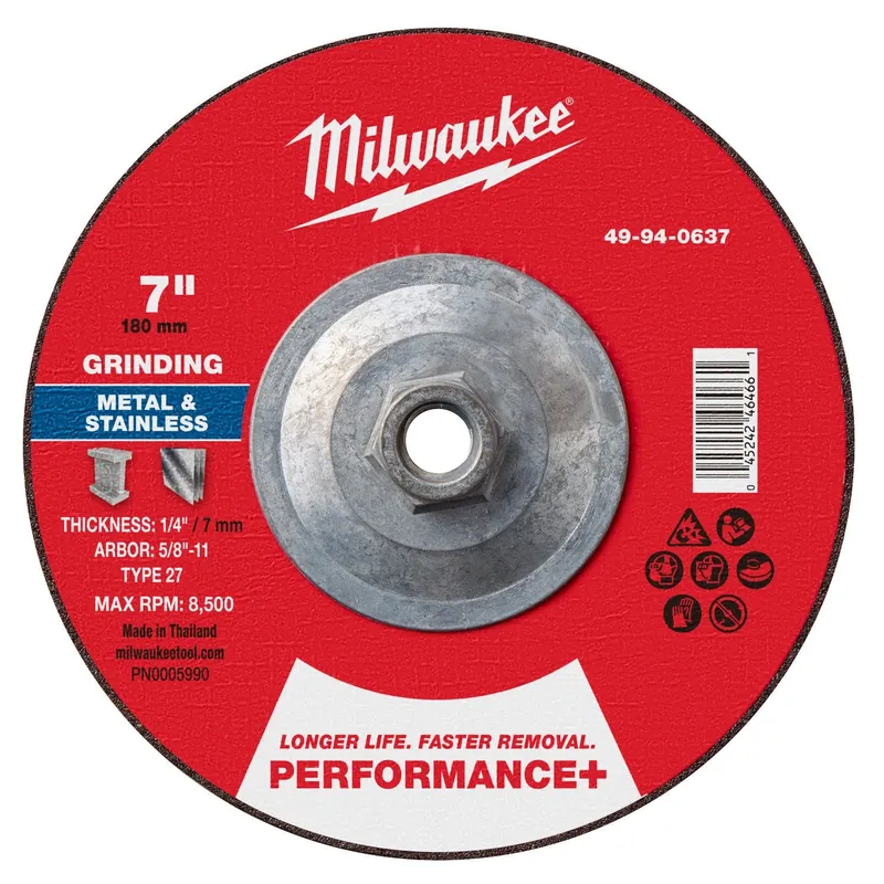 Milwaukee 7 in. Performance+ Type 27 Metal Grinding Wheel 5/8-11 (5 Pack)
