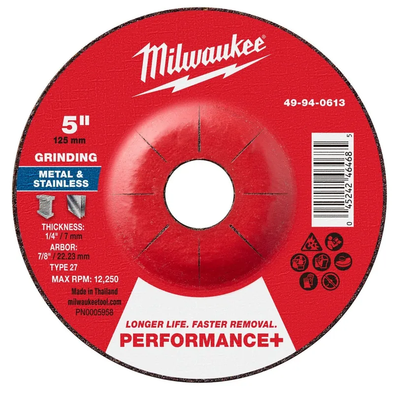 Milwaukee 5 in x 1/4 in x 7/8 in Performance Plus Metal Grinding Wheel Type 27 (10 Pack)