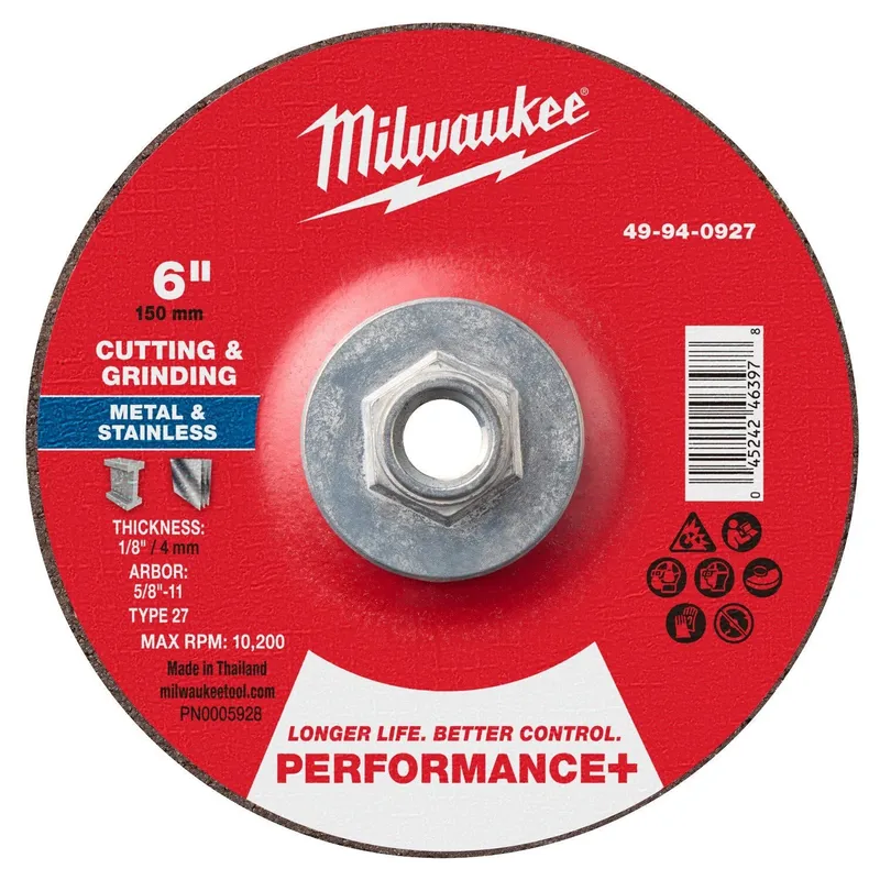 Milwaukee 6 in. x 1/8 in. x 5/8-11 Performance Plus Dual Metal Cut and Grind Wheel Type 27 (10 Pack)