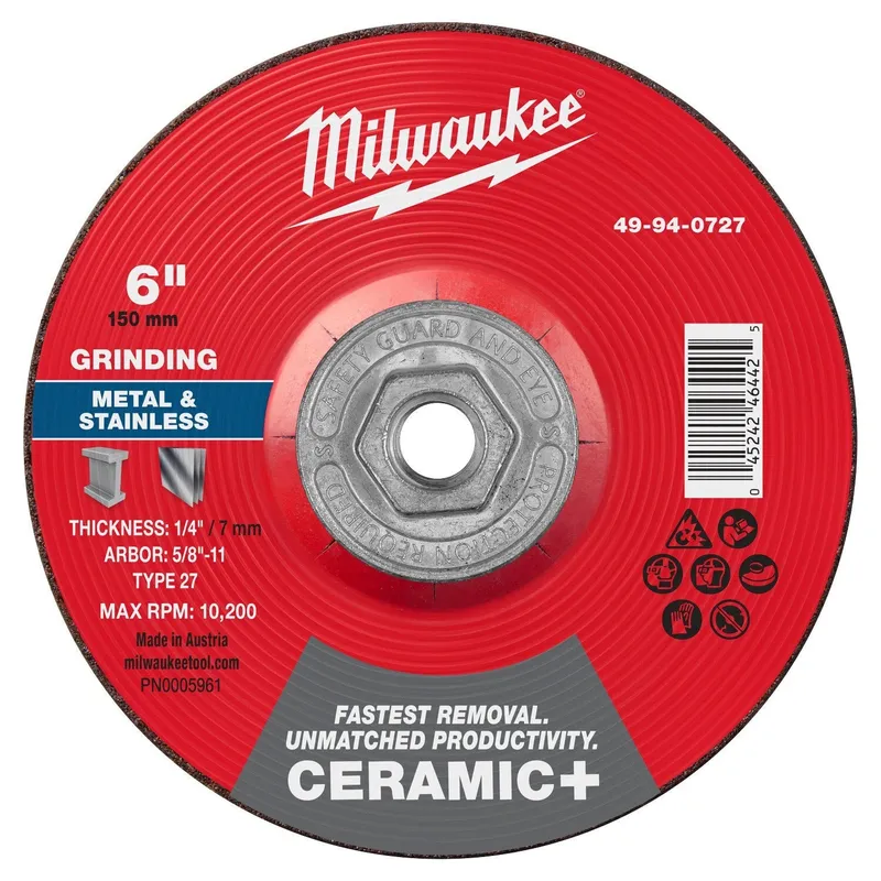 Milwaukee 6 in Ceramic Plus Metal Grinding Wheel Type 27 5/8-11 (5 Pack)