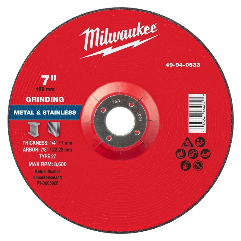 Milwaukee 7 in. x 1/4 in. x 7/8 in. Type 27 Metal Grinding Wheel for Angle Grinders (10 Pack)