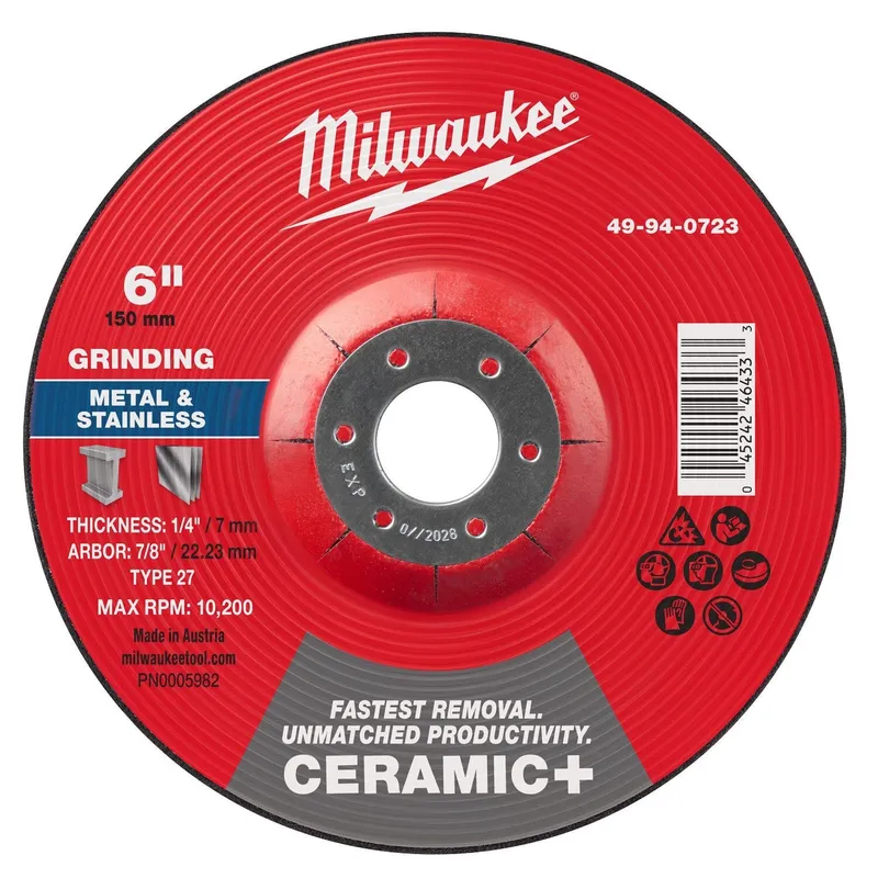 Milwaukee 6 in. x 1/4 in. x 7/8 in. Ceramic+ Metal Grinding Wheel Type 27 (10 Pack)