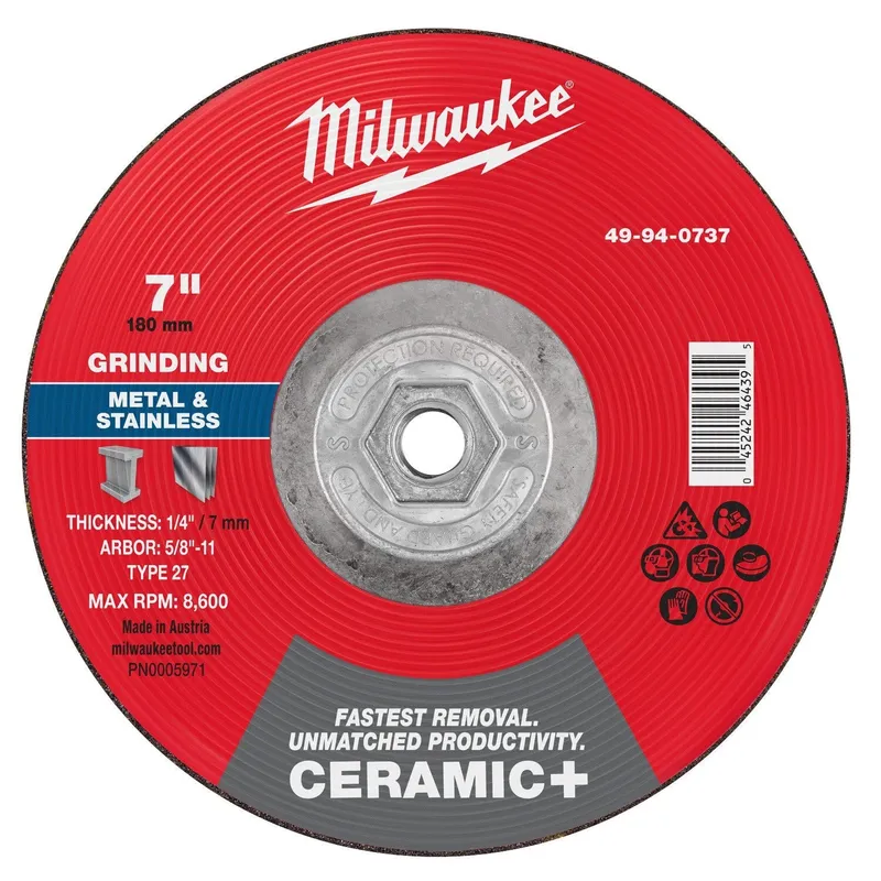 Milwaukee 7 in x 1/4 in Type 27 Ceramic Plus Metal Grinding Wheel 5/8-11 (5 Pack)