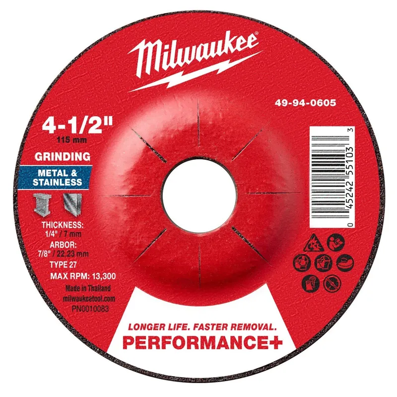 Milwaukee 4-1/2 in. x 1/4 in. x 7/8 in. Performance+ Metal Grinding Wheel Type 27 (25 Pack)