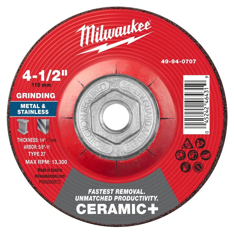 Milwaukee 4-1/2 in x 1/4 in Type 27 Ceramic Plus Metal Grinding Wheel 5/8-11 (5 Pack)