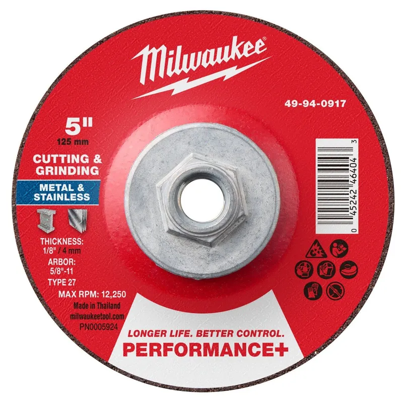 Milwaukee 5 in. x 1/8 in. x 5/8 in.-11 Performance+ Dual Metal Cut and Grind Wheel Type 27 (10 Pack)