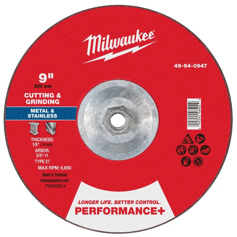 Milwaukee 9 in. x 1/8 in. Type 27 Performance+ Dual Metal Cut and Grind Wheel 5/8-11 (10 Pack)