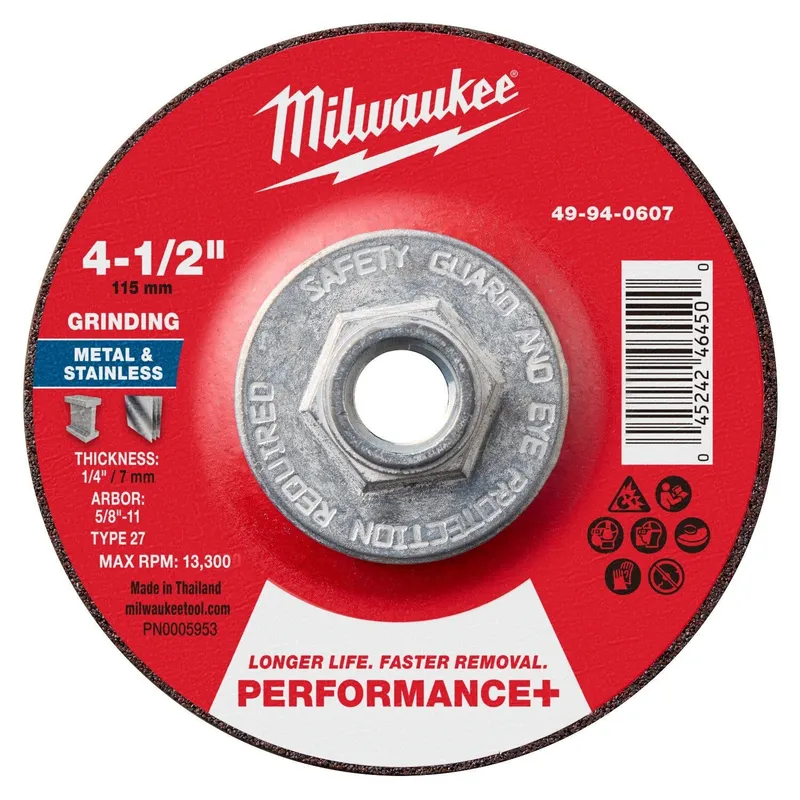 Milwaukee 4-1/2 in. x 1/4 in. x 5/8-11 Type 27 Performance Plus Metal Grinding Wheel (5 Pack)