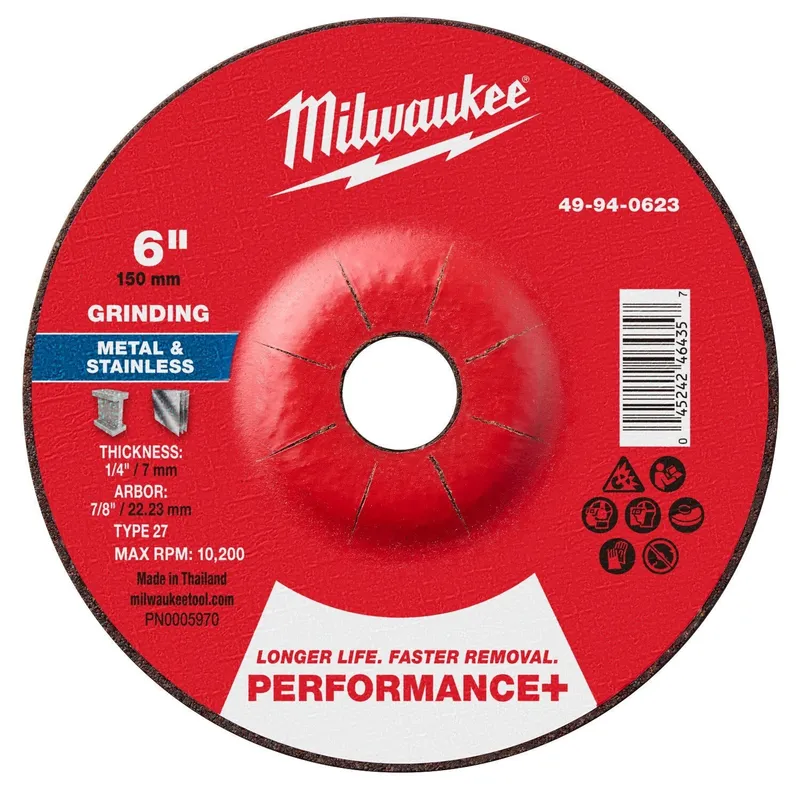 Milwaukee 6 in x 1/4 in x 7/8 in Performance Plus Metal Grinding Wheel Type 27 (10 Pack)