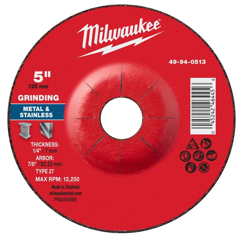 Milwaukee 5 in. x 1/4 in. x 7/8 in. Type 27 Metal Grinding Wheel (10 Pack)
