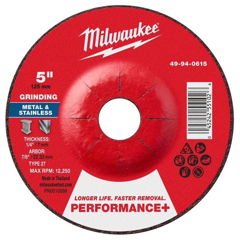 Milwaukee 5 in. x 1/4 in. x 7/8 in. Performance Plus Metal Grinding Wheel Type 27 (25 Pack)