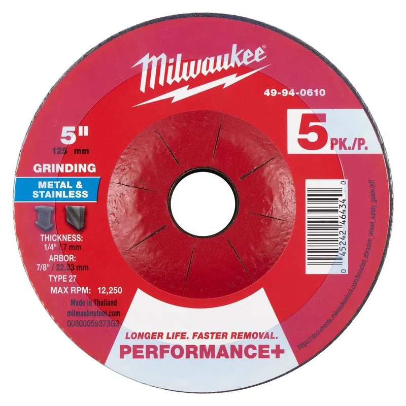 Milwaukee 5 in. x 1/4 in. x 7/8 in. Performance Plus Type 27 Metal Grinding Wheel for Angle Grinders (5 Pack)