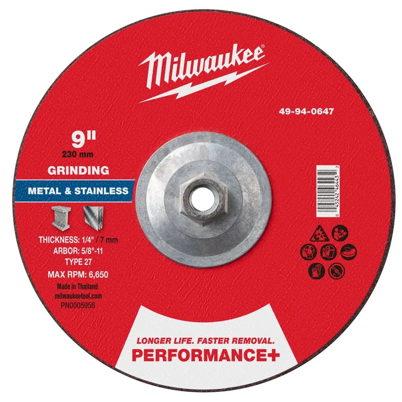Milwaukee 9 in. x 1/4 in. Type 27 Performance+ Metal Grinding Wheel with 5/8 in.-11 Hub (5 Pack)