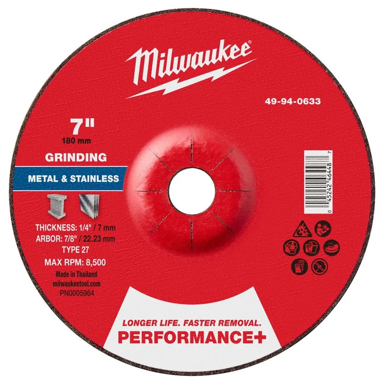 Milwaukee 7 in. x 1/4 in. x 7/8 in. Performance Plus Metal Grinding Wheel Type 27 (10 Pack)