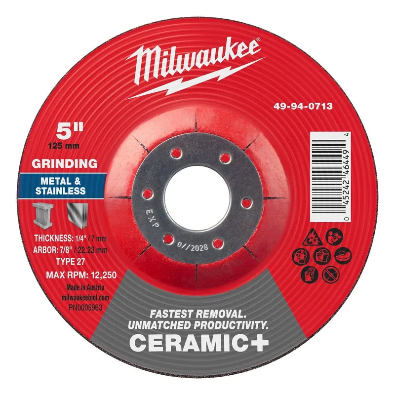 Milwaukee 5 in. x 1/4 in. x 7/8 in. Ceramic Plus Metal Grinding Wheel Type 27 (10 Pack)
