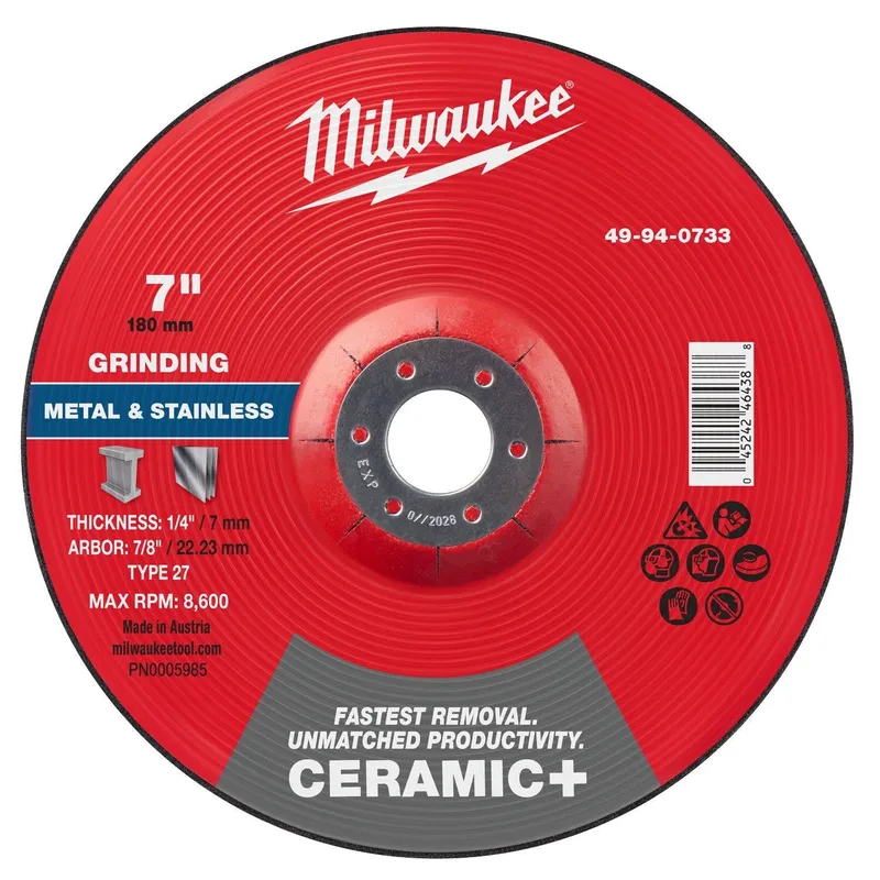 Milwaukee 7 in x 1/4 in x 7/8 in Ceramic Plus Metal Grinding Wheel Type 27 for Metal and Stainless Steel (10 Pack)