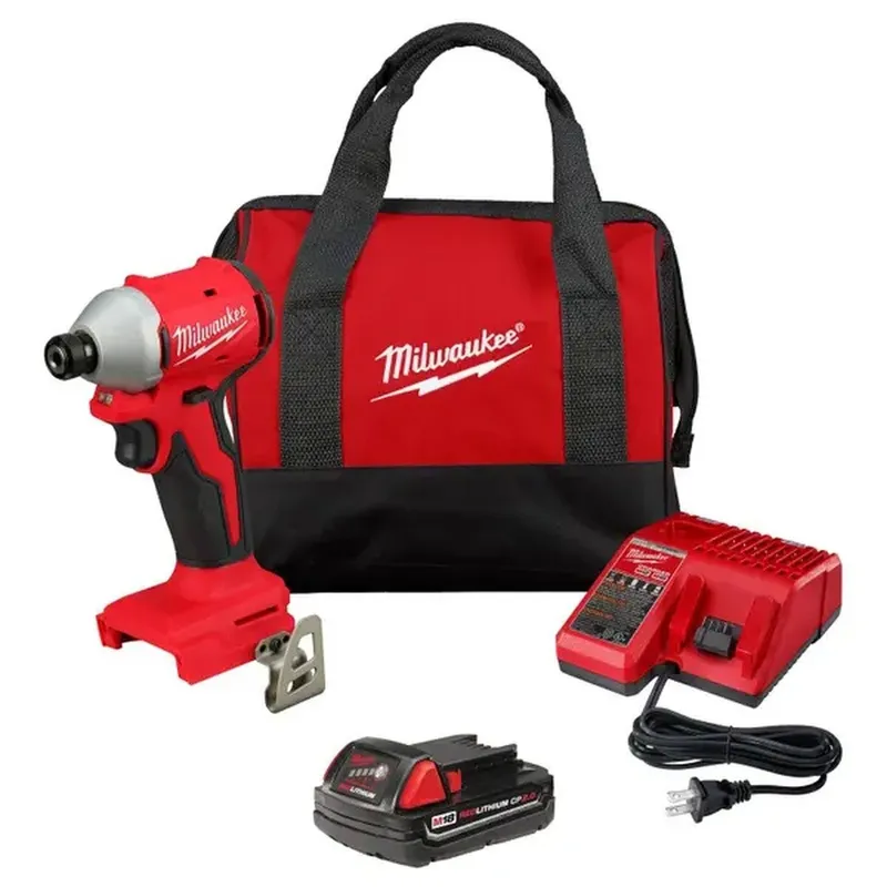 Milwaukee M18 18V Compact Brushless 1/4" Hex Impact Driver Kit 4.4" L x 2.1" W (1 2.0Ah Battery, 1 Charger, 1 Contractor Bag)